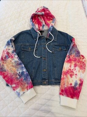 Aqua Denim Jacket with Pink, Blue & Yellow Tie-Dye Hooded Sleeves